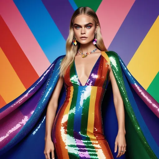 Prompt: Cara Delevigne in Vuitton Pride Month Edition Dress, vibrant, glamorous, high quality, digital art, rainbow colors, glittering sequins, flowing fabric, joyful expression, dynamic pose, professional, stage-ready, pride flag pattern, energetic lighting