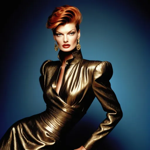 Prompt: (90s Gaultier haute couture), iconic supermodel Linda Evangelista, dramatic fashion pose, bold and elegant silhouette, rich textures and layers, luxurious fabrics, vibrant and striking color palette, studio lighting highlights intricate details, sophisticated and glamorous atmosphere, ultra-detailed, high-quality fashion photography, timeless elegance, mystical background reminiscent of the 90s fashion scene.