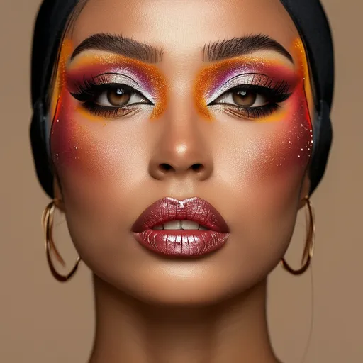 Prompt: (Mesauda full face makeup), vibrant colors, (flawless skin), artistic application, bold eye makeup, captivating lips, glamorous lighting, beauty arrangement, (high-definition), detailed textures, luxurious aesthetics, contemporary look, beauty theme, dynamic composition, expressive showcase, photography style for makeup display.