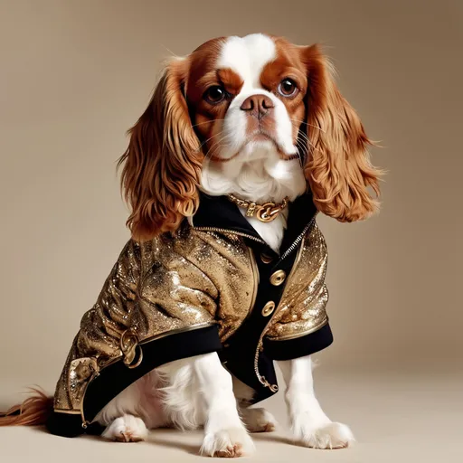 Prompt: Cavalier King wearing a Dolce&Gabbana pet coat