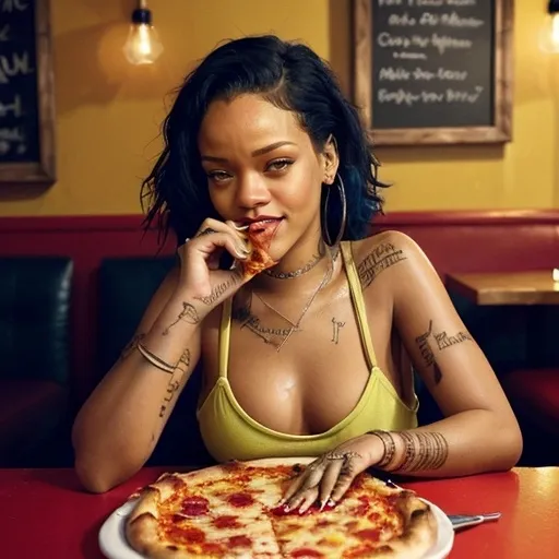 Prompt: (Rihanna enjoying pizza), casual dining setting, warm and vibrant colors, accentuating her joyful expression, artistic and fun ambiance, details of a delicious pizza with melty cheese and toppings, soft background with tasteful decor, ultra-detailed, photorealistic, evoking a cozy and inviting atmosphere.