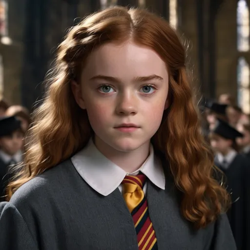 Prompt: Hyper realistic Sadie Sink as a very detailed ultra hd 64k 3d quality Hermione Granger at Hogwarts background 