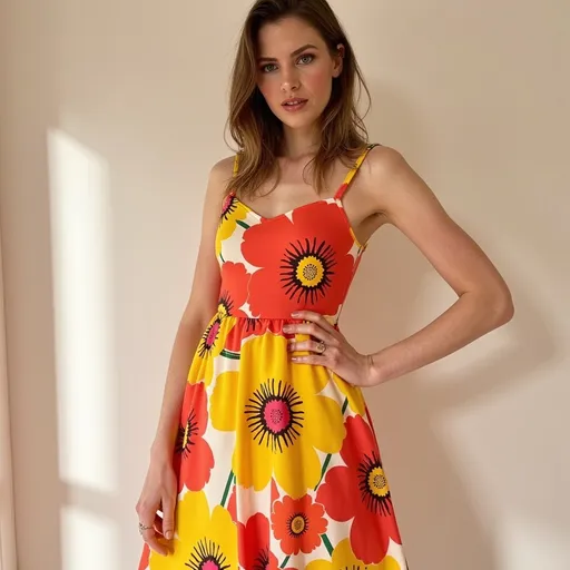 Prompt: (woman wearing a vibrant Marimekko dress), large bold floral patterns, (colorful prints), designed with flowing silhouettes, (bright and cheerful colors), soft cotton fabric, atmosphere of elegance and style, set against a minimalistic background, natural lighting highlighting the textures, (ultra-detailed), focus on the intricate design elements and lively colors of the dress.