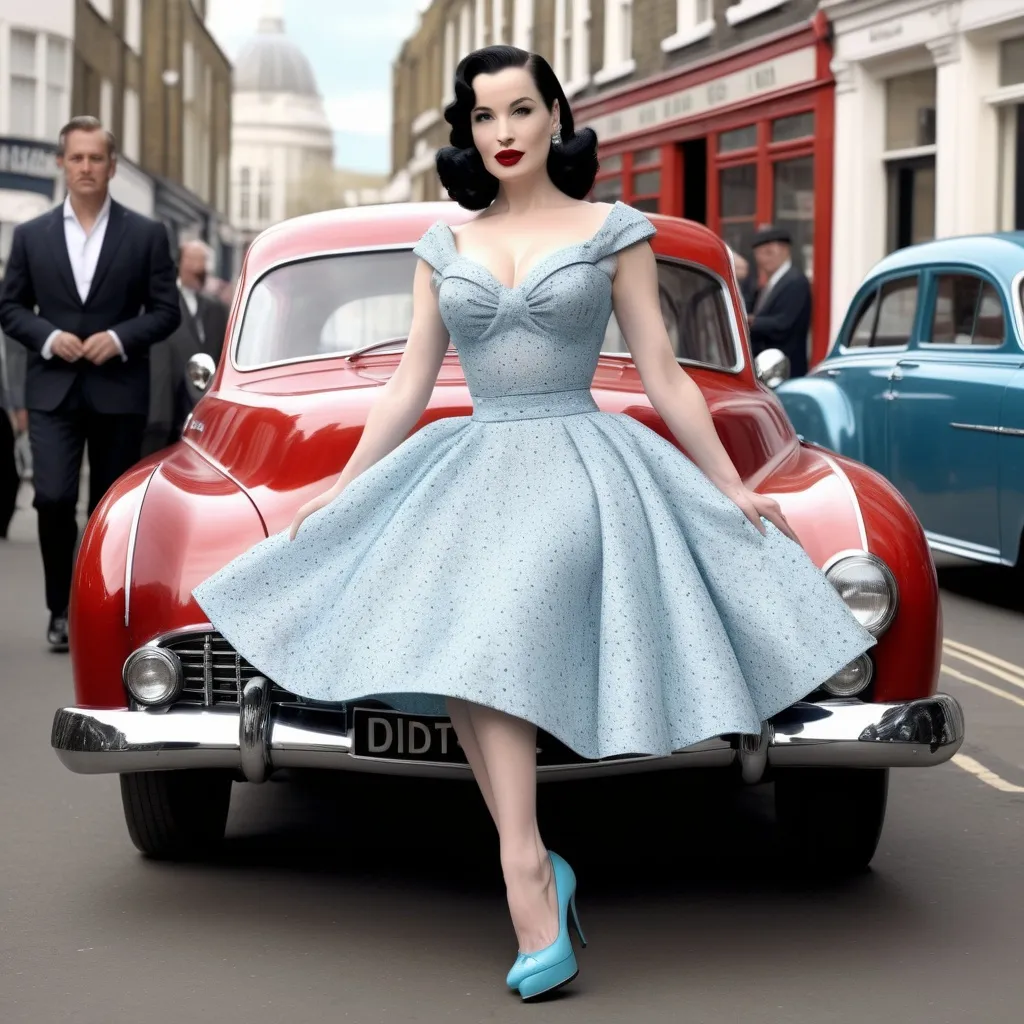 Prompt: Hyper Realistic and very detailed Dita Von Teese wearing a hyper realistic and very detailed 50s look with a very detailed dress and very detailed shoes in the centre of a very accurate 50s London 64k Hd, very accurate 3D 