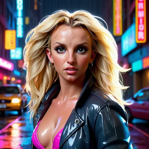 Prompt:  A captivating portrait of Britney Spears set against a shimmering urban backdrop at night, illuminated by glowing neon lights reflecting off rain-slick streets. She stands confidently under a vibrant, luminous canopy of city lights, her expression fierce and glamorous. The scene exudes a dynamic, energetic vibe with a hint of mystique, capturing her bold personality and star power. Cinematic lighting, photorealistic style.