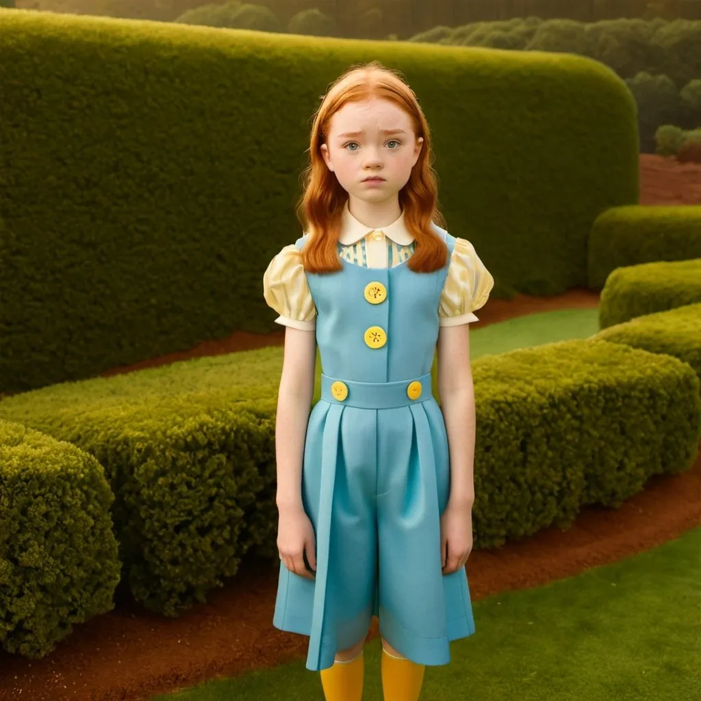 Prompt: Sadie Sink wearing Loewe outfit in a Wes Anderson scenario 