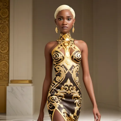 Prompt: A stunning vision of a Versace dress, illuminated by glamorous, high-contrast lighting that emphasizes its opulent gold accents and intricate patterns. The dress flows elegantly, with bold, daring cuts and a form-fitting silhouette that exudes confidence and luxury. Set against a sleek, minimalist backdrop with subtle marble textures, soft spotlighting creates a sense of drama and allure, highlighting the shimmering fabric and ornate detailing. The overall mood is decadent and sophisticated, evoking high fashion runway elegance in a cinematic, photorealistic style.