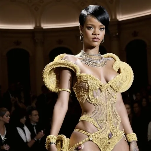 Prompt: (Rihanna x Dolce&Gabbana), glamorous fashion collaboration, striking elegance, luxurious designs, (vibrant colors), chic accessories, high-fashion poses, stylish atmosphere, (elegantly adorned background), high-energy vibe, (4K), stunning runway scene, intricate detailing, mesmerizing lighting, showcase of extravagant fabrics, haute couture fashion moments.