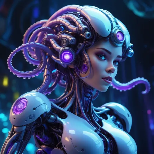 Prompt: (Ursula as a cyborg), (female character), detailed mechanical features, vibrant blues and purples, glowing neon accents, dramatic underwater background, a whimsical blend of technology and fantasy, intricate robotic tentacles, dynamic pose, strong expression, high-quality design, ultra-detailed, captivating and enchanting atmosphere.