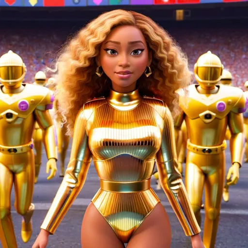Prompt: Beyonce wearing golden metal suit by Paco Rabanne in a Wes Anderson scenario 