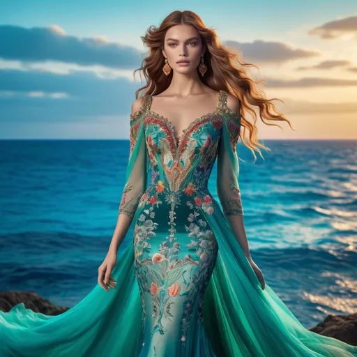 Prompt: Ariel wearing Gucci, high fashion, vibrant ocean backdrop, flowing gown with intricate details, detailed facial features, ethereal lighting, high quality, haute couture, vibrant colors, elegant, underwater fantasy, detailed embroidery, luxury, oceanic, glamorous, couture, ethereal lighting, highres, ultra-detailed, elegant, vibrant, detailed gown, high fashion, detailed facial features, atmospheric lighting