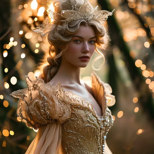 Prompt: (Cinderella), elegant gown, (Alaia style), intricate lace, exquisite details, serene expression, fairy-tale atmosphere, magical ambiance, whimsical background with sparkling lights, (high fashion), dreamy setting, enchanted forest, vibrant colors, soft lighting, ultra-detailed, high quality, romantic vibe, vintage elegance.