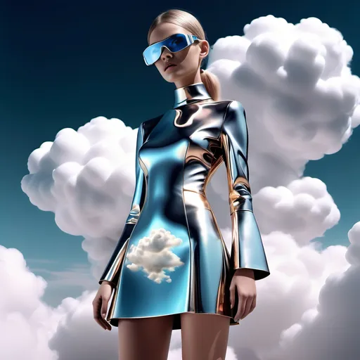 Prompt: <<THE_MARKER>> Miu Miu Cyborg, futuristic and stylish dress, ethereal atmosphere, sleek metallic textures, vibrant colors, a dreamy sky backdrop filled with soft clouds, dynamic lighting creating visual depth, intertwined with sci-fi elements, high-resolution, ultra-detailed, showcasing a powerful aesthetic and glamorous vibe, hovering elegantly among the clouds.