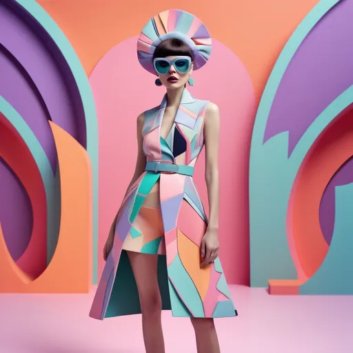 Prompt: (Yzma reimagined), colorful fashion concept, (vibrant U-shaped silhouette), eye-catching use of pastels and bold hues, (modern design elements), chic accessories, playful background filled with patterns, lively atmosphere, dynamic composition, reminiscent of a runway show, ultra-detailed rendering, 4K quality.