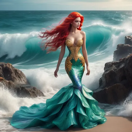 Prompt: (Ariel in Versace), (fashionable mermaid), luxurious textures, intricate gown design, vibrant color palette, ocean backdrop, ethereal lighting, flowing hair, expressive pose, luxurious accessories, (high fashion), artful detailing, luxurious elegance, vivid imagery, enchanting atmosphere, (ultra-detailed), (4K), captivating and dreamy ambiance.