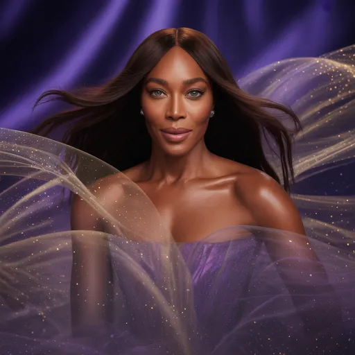 Prompt: Visualize a stunning portrait of Naomi Campbell , set against a backdrop of swirling deep purples and rich golds that evoke both royalty and mystery. Soft, ethereal lighting casts a dreamy glow, highlighting her iconic features and expressive eyes, which glimmer with confidence and charisma. Her hair flows elegantly around her, catching the light as if alive, while she wears a flowing gown that shimmers like starlight, accentuating her powerful presence. The atmosphere is electric, as if she’s about to take the stage, with delicate sparkles in the air that mimic a starry night sky. The overall composition feels like a blend of cinematic lighting and high-fashion glamour, creating an image that is both enchanting and captivating.