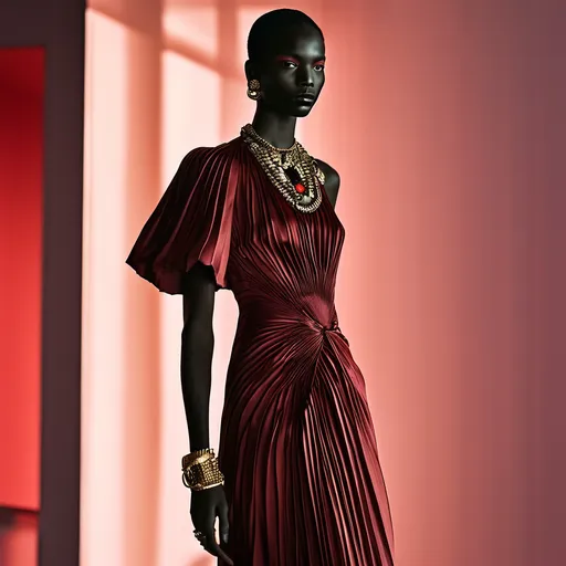 Prompt: (Gucci burgundy silk long mono shoulder dress), elegant fashion design, luxurious fabric draping, vintage-inspired silhouette, intricate details, stylish accessories, beautiful lighting, dramatic shadows, soft and warm color palette, high-fashion ambiance, ultra-detailed, sophisticated atmosphere, runway-ready style, captivating background elements, eye-catching presentation, 4K quality.