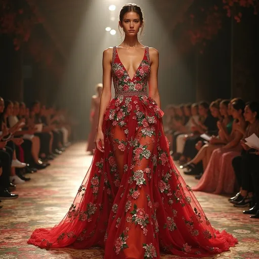 Prompt: (Dolce&Gabbana dress), elegant fashion, haute couture, intricate floral patterns, luxurious fabric textures, vibrant colors, dramatic silhouette, high-quality fabric details, stunning embellishments, graceful design, soft, warm lighting, an opulent fashion show environment, ultra-detailed, 4K resolution, glamorous ambiance, showcasing sophisticated style and chic aesthetics.