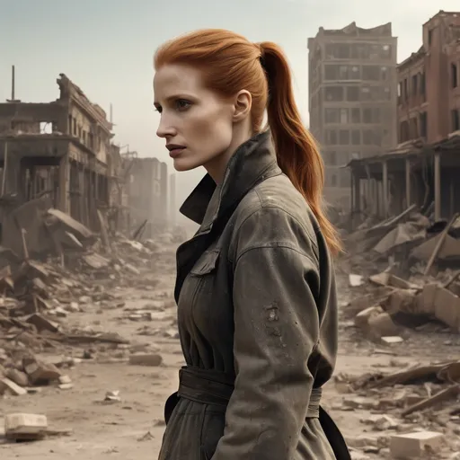 Prompt: Jessica Chastain wearing Diesel total look in a post futuristic apocalyptic scenario with sunglasses a straight ponytail and high heels boots