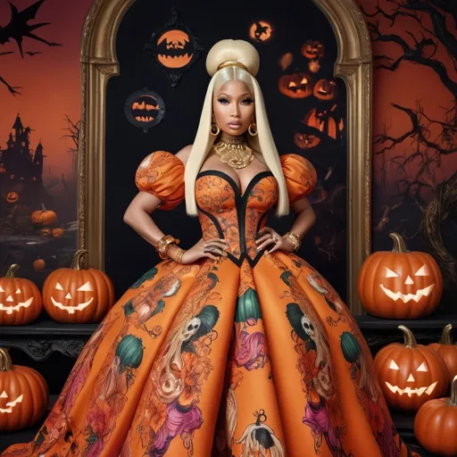 Prompt: (Nicki Minaj), wearing a nudelook back Gucci pumpkin-themed Halloween dress, vibrant colors, dramatic flair, striking pose, high-fashion, enchanting ambiance, intricate detailing, luxurious fabric, eye-catching accessories, spooky yet glamorous vibe, ornate background with Halloween elements, full of depth, 4K ultra-detailed image, surreal yet realistic style.