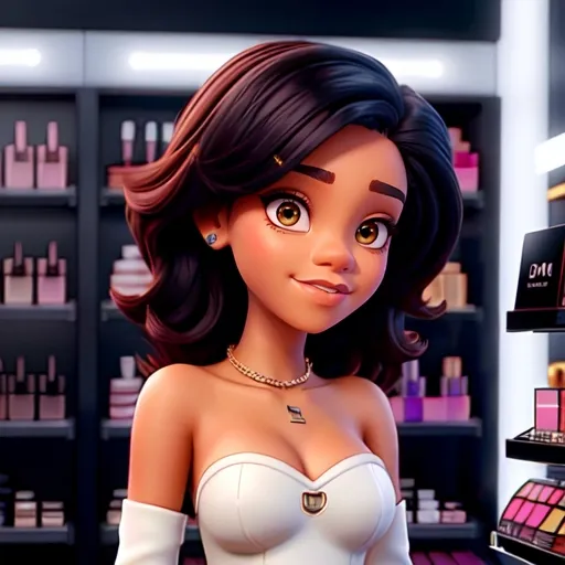 Prompt: Rihanna at a make-up store 