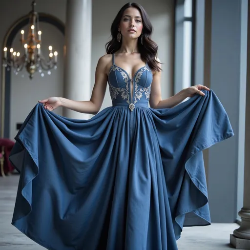 Prompt: Valentino digital art, stunning denim long dress with intricate detailing, flowing silhouette, elegant style, bright blue fabric with soft shading, cinematic lighting, high contrast highlights, fashionable and contemporary vibe, soft texture, luxurious presentation, perfect for casual or chic occasions, ultra-detailed, artistic representation.