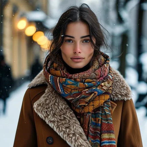 Prompt: (Etro winter coat), luxurious fabric, intricate patterns, elegant design, rich color palette, cozy and warm, high fashion, attention to detail, modeling on snow-covered street, sophisticated ambiance, soft lighting highlighting texture, emphasis on craftsmanship, ultra-detailed, 4K quality, contemporary winter fashion, showcasing style and comfort.