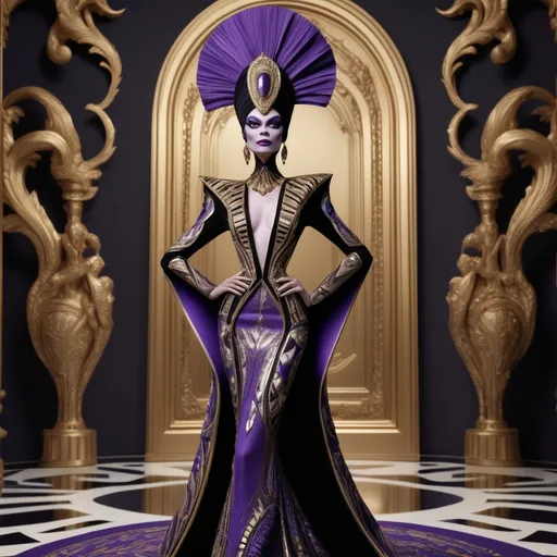 Prompt: (Yzma reimagined by Balmain), high fashion design, (dramatic couture), intricate detailed patterns, luxurious textures, bold colors, vibrant and elegant, fierce expression, captivating and stylish pose, elaborate background with a regal theme, (4K), ultra-detailed, cinematic atmosphere reflecting a blend of whimsy and high-end fashion.