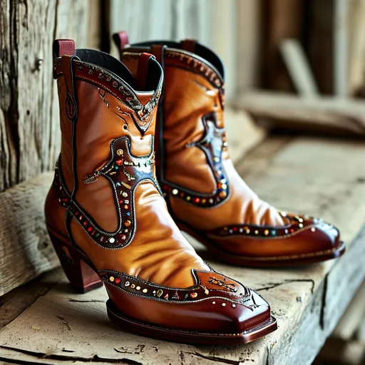 Prompt: (Sergio Rossi Texas boots), intricately designed, showcasing close-up details of rich leather texture, star-studded embellishments, and vibrant stitching, set against a rustic wooden backdrop. The lighting is warm and inviting, illuminating the boots with a soft glow, enhancing the craftsmanship and luxurious essence. The atmosphere is bold and stylish, suggesting a fusion of tradition and modern fashion, perfect for highlighting a sophisticated country aesthetic. Ultra-detailed, high quality.