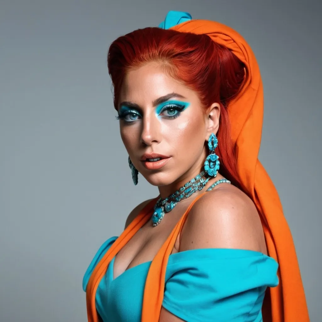 Prompt: Lady Gaga red haired latina with blue eyes, heavy makeup and jewelry, orange off shoulder t shirt, and long turquoise skirt, fullbody