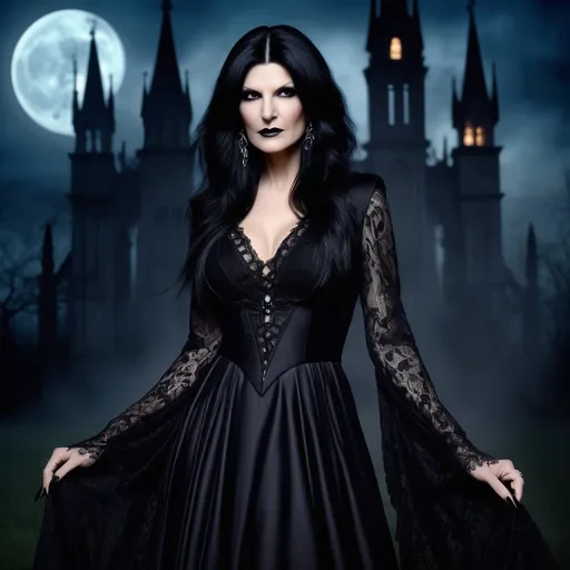 Prompt: (central content: Laura Pausini as Elvira), (vibrant colors), dramatic contrasts, haunting atmosphere, elaborate gothic costume, long black dress, bold makeup, lace accents, iconic Elvira hairstyle, expressive pose, eerie yet captivating background, moonlit setting, whispering shadows, hints of gothic architecture, high-quality, ultra-detailed design, focus on the synthesis of pop culture and horror.