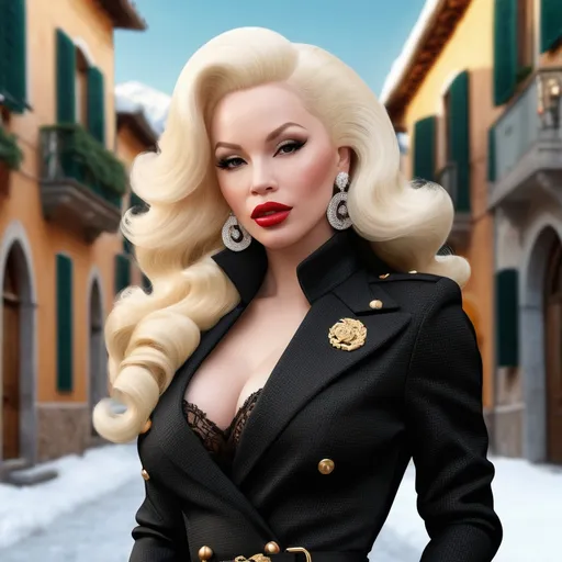 Prompt: Hyperrealistic 3D Amanda Lepore in 80s italian Courmayeur winter and cold fashion, photorealistic, accurate features, Versace outfit, high resolution 64k, detailed textures, realistic lighting, Capri street backdrop, sophisticated, elegant, photorealism, Italian fashion, 80s style, high quality, Versace, detailed design, accurate, realistic rendering, lifelike, professional, professional lighting 