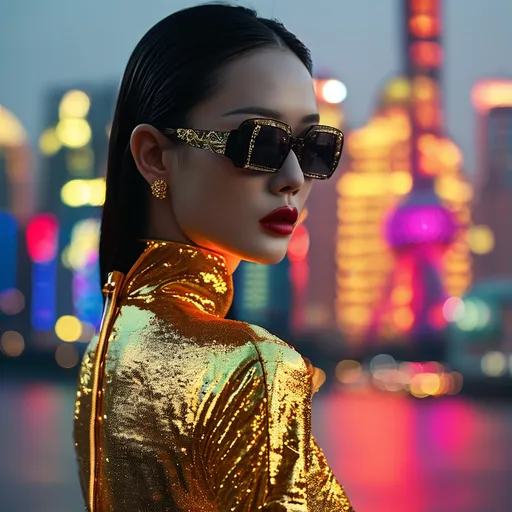 Prompt: Golden metallic outfit, (shimmering) fashion statement, Shanghai skyline backdrop, (elegant) architectural details, vibrant nightlife, rich culture, (ultra-detailed) city lights reflecting, warm tones illuminating surroundings, stylish pose, (high-quality) stunning ambiance, modern flair, accents of (luxurious) texture, dynamic urban energy.