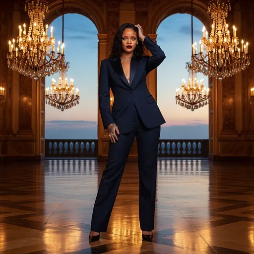 Prompt: Imagine Rihanna standing confidently in an opulent ballroom, adorned in a sleek, Giorgio Armani classic men’s suit from the 80s. The suit is a striking deep navy, accentuated with subtle sheen that catches the ambient light. The lavish crystal chandeliers overhead emit a warm, golden glow, casting intricate shadows across the polished marble floor. Rihanna’s pose is both graceful and commanding, one hand placed on her hip while her other hand delicately brushes back her hair, revealing a fierce yet charming expression. Outside, a serene evening sky teems with soft hues of twilight, hinting at a softly falling drizzle that lends a cinematic quality to the scene, perfect for a photorealistic style.