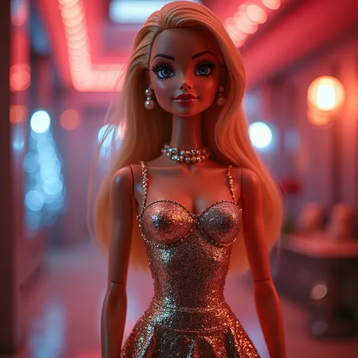 Prompt: Barbie wearing Paco Rabanne metal dress, glamorous high fashion, reflective metallic textures, captivating pose, ultra-detailed design, striking silhouette, contemporary elegance, playful yet sophisticated ambiance, shining lights creating a radiant atmosphere, vibrant color palette, luxurious backdrop, fashion-forward, enchanting setting, artistic masterpiece, 4K resolution, striking visual appeal.