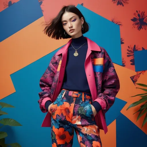 Prompt: Kenzo look, (vibrant colors), fashion-forward outfit, (dynamic patterns), bold floral designs, contemporary streetwear, model posing confidently, (energetic vibe), high-contrast lighting, urban background with a textured wall, stylish accessories, (ultra-detailed), impeccable silhouette, emphasizing modern aesthetics, (eye-catching visuals)