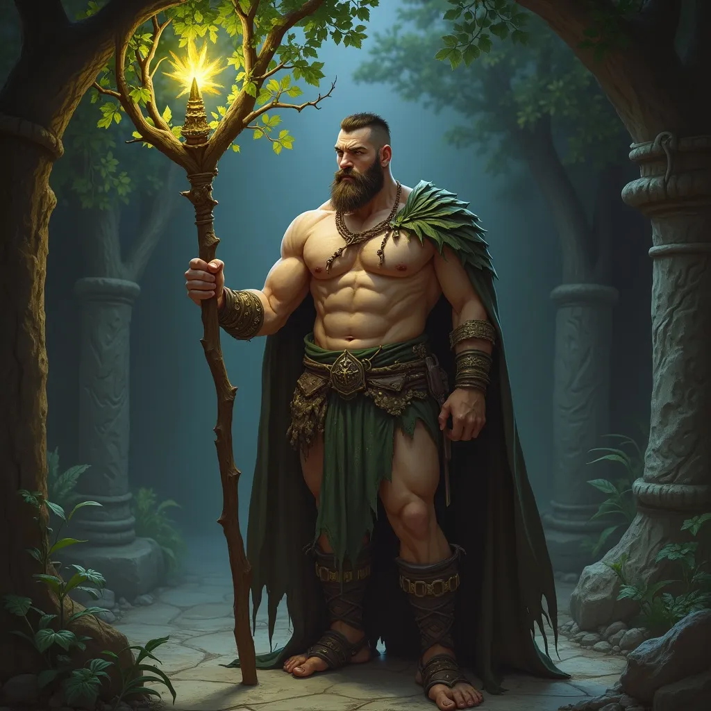 Prompt: (Full body) male stocky druid with short-cut hair and beard, holding magical tree staff, in a dark temple dungeon, no shirt on, leaf-shoulderguards, cloak, heavy belt, pathfinder, d&d setting, in a realistic digital art style