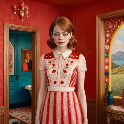 Prompt: Hyper realistic and very detailed Emma Stone with a real face and real hair and ultra realistic Red Valentino glittered embroidered long dress wearing in a extremely abstract Wes Anderson very detailed  house 