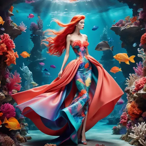 Prompt: (Ariel in Balenciaga), colorful underwater scene, bold fashion statement, playful elegance, intricate details in designer clothing, vivid colors, whimsical elements, surreal ambiance, flowing fabric blending with aquatic surroundings, surrounded by coral reefs and shimmering light, high depth cinematic quality, ultra-detailed presentation.