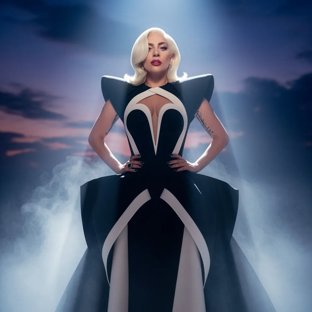 Prompt: Envision Lady Gaga standing confidently in a luxurious, avant-garde Schiaparelli gown, the fabric glimmering under soft, ethereal light that casts a dreamy glow around her. The gown, a masterpiece of bold design, features unconventional cuts and striking color contrasts that evoke an air of surreal artistry. She gazes directly at the viewer, eyes sparkling with a mix of mischief and allure, her expression a perfect balance of strength and vulnerability. Wispy tendrils of fog swirl around her, adding a mysterious ambiance, while an otherworldly twilight sky, swirling in shades of deep indigo and violet, forms the backdrop. The scene captures an atmosphere of high fashion meets fantasy, rendered in a cinematic lighting style that highlights both the elegance of the attire and the emotive power of Gaga's presence.