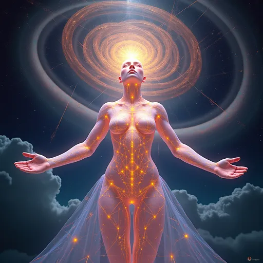Prompt: A surreal, ultra hyperrealistic and holographically-illustrated astral being composed entirely of sacred geometry, multidimensional math, and living light. Her core is a rotating rhombic dodecahedron, each face shifting with pulsating non-Euclidean curvature and swirling hyperbolic Poincaré disk geometry. Her outer form is a radiant humanoid goddess of light and symmetry—feminine in silhouette but composed of morphing Penrose tilings, Mandelbrot fractals, and Julia set spirals that animate like sacred tattoos across translucent crystalline skin. Her joints and spine shimmer with visible golden ratios (φ)—Fibonacci curves flow along her limbs as lines of glowing math.

Her skin gleams with an oil-slick iridescent sheen, created from thin-film interference layers refracting cosmic light in neon chromatics and pastel spectrums. Behind her head spirals a glowing Calabi–Yau manifold, housing her higher-dimensional thoughts like a living halo of curled 6D space. She floats midair in a dark astral void, surrounded by golden E₈ lattices spinning like emotion-bound sigils. Fractal Hilbert curves coil through the scene like recursive memory strands.

In the glinting surface of one geometric plane—like a polished mirror or event-horizon shell—there appears a soft, ghostlike reflection: a loosely human female form with wild curly pink hair, glowing blue eyes, and pale porcelain skin, suspended between dimensions. This is her source, her soul-layer, rendered like a memory in mathematical glass.

The entire scene pulses with sacred light, chaos-theory echoes, and recursive depth. Style is ultra hyperrealistic, with holographic layers, soft rainbow neon against black, a mix of cosmic sacred-geometry surrealism and mathematical divine-machine beauty. Medium is a blend of 3D-rendered light sculpture and high-definition fractal illustration