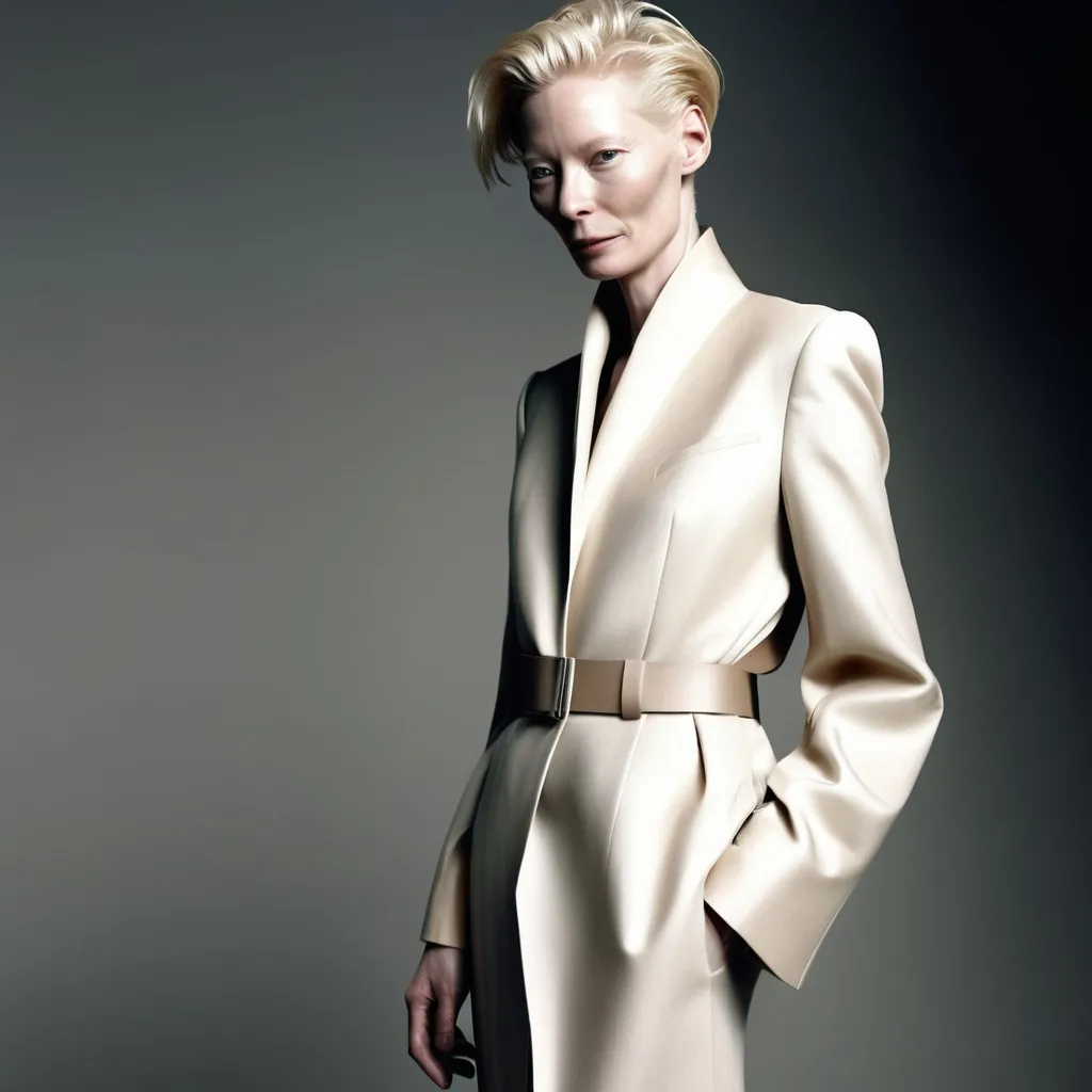 Prompt: (Tilda Swinton), (elegant fashion), wearing Jil Sander, sophisticated attire, striking poses, modern minimalist style, high-quality fabric, soft neutral tones, dramatic lighting, refined background, glamorous atmosphere, artistic portrayal, ultra-detailed, fashion-forward composition, poised expression, iconic blend of chic elegance and contemporary design, perfect for editorial showcase in upscale publication.