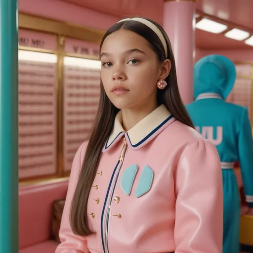 Prompt: Hyper realistic Olivia Rodrigo wearing a Miu Miu outfit in a Wes Anderson Movie 64 k ultra hd quality 