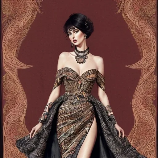 Prompt: (central content Elvira in Etro dress), elegant fashion illustration, stunning details and textures, whimsical atmosphere, bold colors and patterns, dramatic lighting, soft shadows, an artful representation, high fashion, modern yet vintage feel, sophisticated elegance, ultra-detailed, expressive pose, glamorous accessories, high-quality illustration.