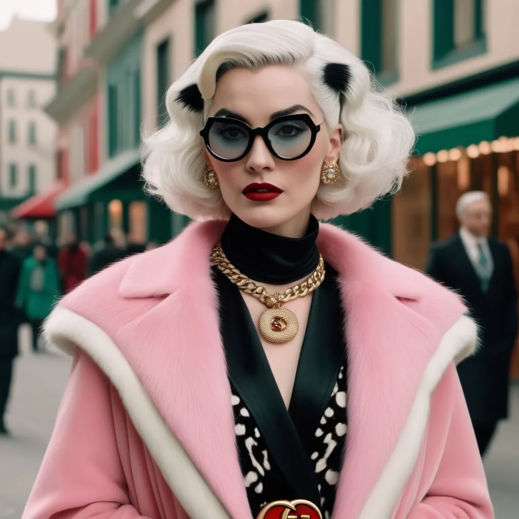 Prompt: Hyper realistic Cruella wearing a very detailed Gucci Outfit in a Wes Anderson Movie avoiding pink