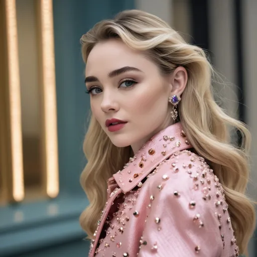 Prompt: (Sabrina Carpenter, a trendy and stylish fashion icon), wearing (luxurious Miu Miu attire), showcasing elegance and sophistication, (modern fashion photography), high fashion, vibrant colors, striking poses, expressive facial features, fashionable accessories, glamorous atmosphere, chic urban background, (4K ultra-detailed), capturing the essence of contemporary style and youthfulness.