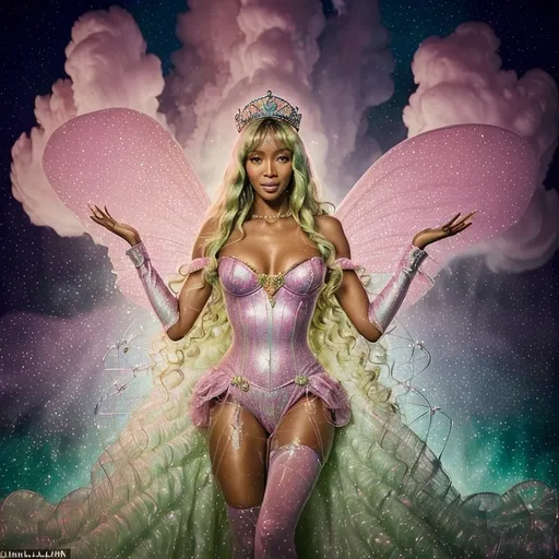 Prompt: (Naomi Campbell as Glinda by David Lachapelle), stunning character portrayal, magical atmosphere, elegant pink gown, sparkling crown, playful and radiant expression, surrounded by whimsical clouds, soft glowing lighting, dreamlike scene, high-quality 4K illustration, fairy-tale charm mixed with pop icons, enchanting background with hints of emerald green, vibrant and colorful palette.