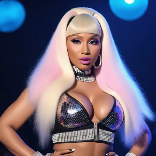 Prompt: Hyper realistic Nicki Minaj wearing a very accurated and hyper realistic look as rave dancer in the 1990s in Madrid 3d quality 64k Hd