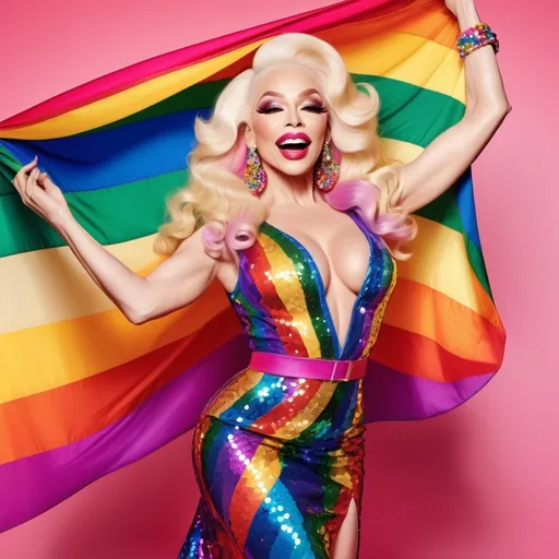 Prompt: Amanda Lepore in Pucci Pride Month Edition Dress, vibrant, glamorous, high quality, digital art, rainbow colors, glittering sequins, flowing fabric, joyful expression, dynamic pose, professional, stage-ready, pride flag pattern, energetic lighting