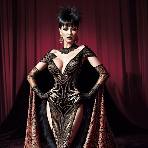 Prompt: (Elvira in Bob Mackie Couture), glamorous outfit, (intricate patterns), dramatic glamour, high-fashion, (bold colors), sleek silhouette, bold makeup, luxurious fabrics, theatrical atmosphere, captivating pose, (stunning detail), rich textures, enchanting background, ultra-detailed, visually striking composition, sophisticated elegance, high contrast lighting, impeccable styling.